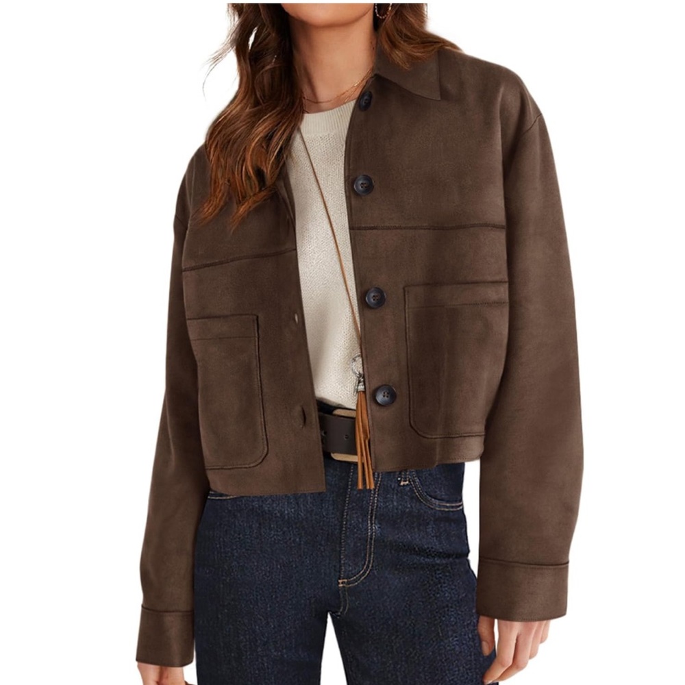 PrettyGarden Brown Faux Suede Button-Up Jacket
